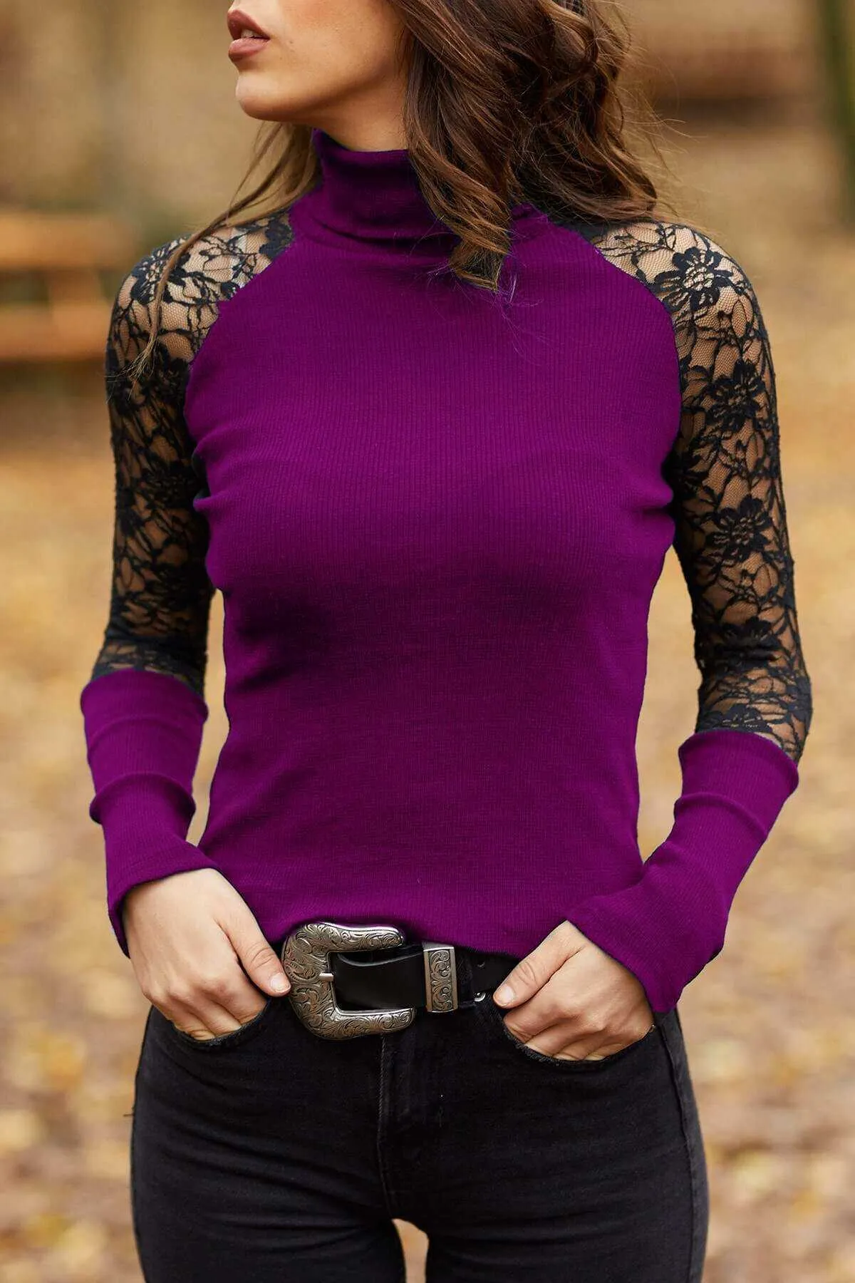 Spring and Autumn Women Knitted Lace Turtleneck Pullover Knitwear Femme Tops