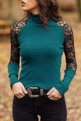 Spring and Autumn Women Knitted Lace Turtleneck Pullover Knitwear Femme Tops