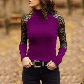 Spring and Autumn Women Knitted Lace Turtleneck Pullover Knitwear Femme Tops