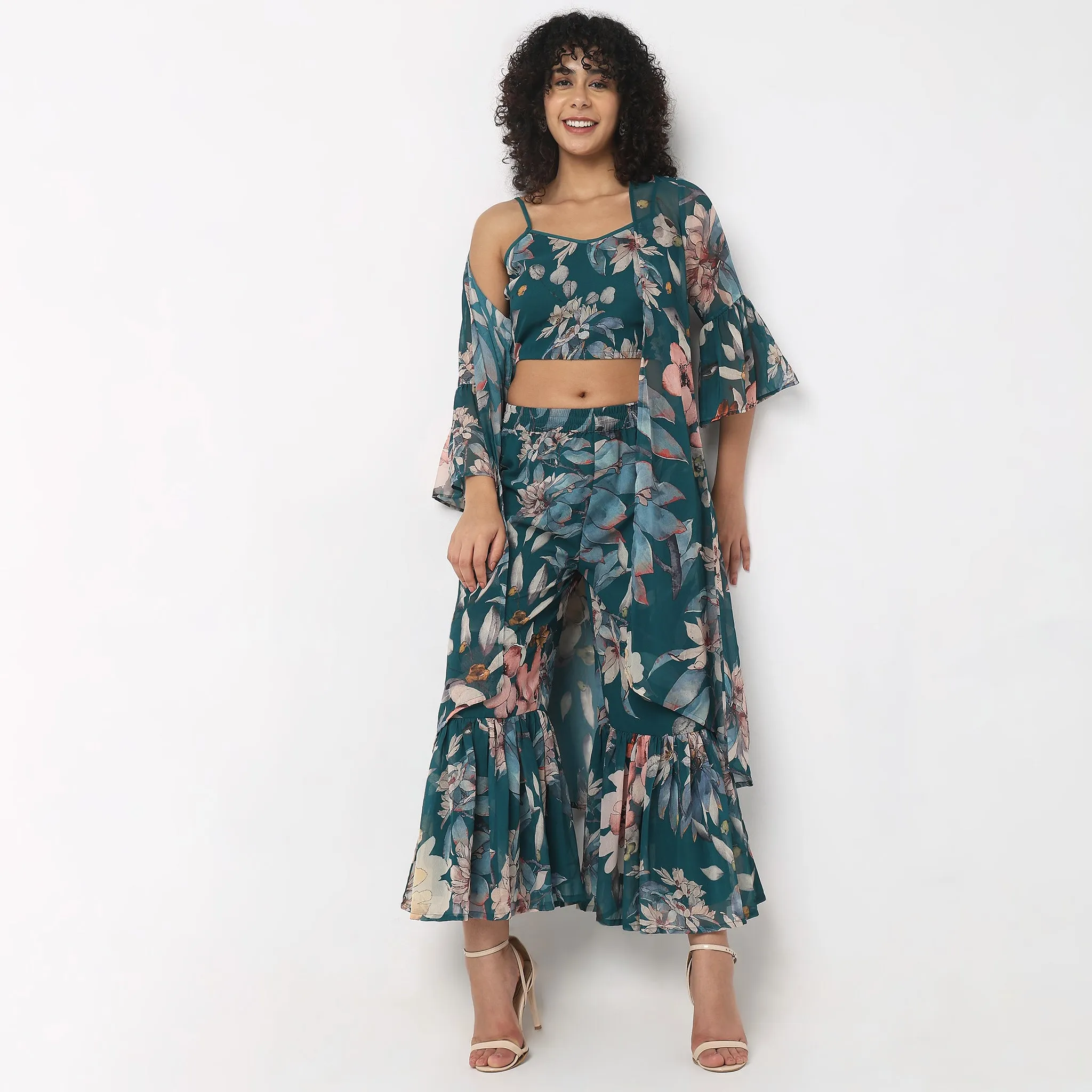 Straight Fit Printed Top with Palazzo & with Cape Set