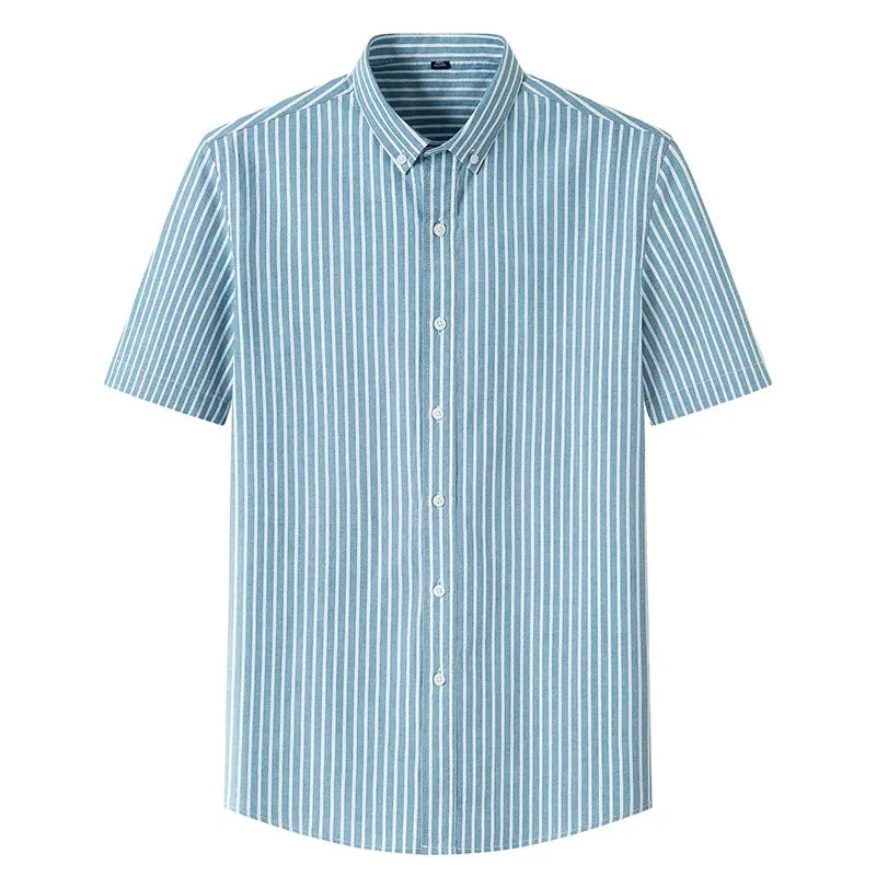 Stripe Plaid Shirt Men Short Sleeve Casual Fitting Oxford