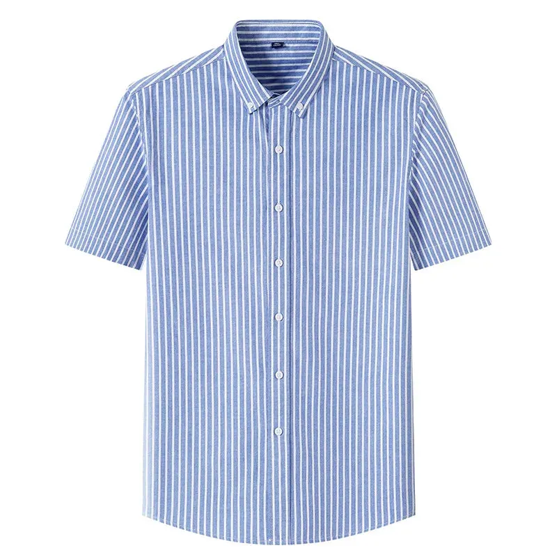 Stripe Plaid Shirt Men Short Sleeve Casual Fitting Oxford