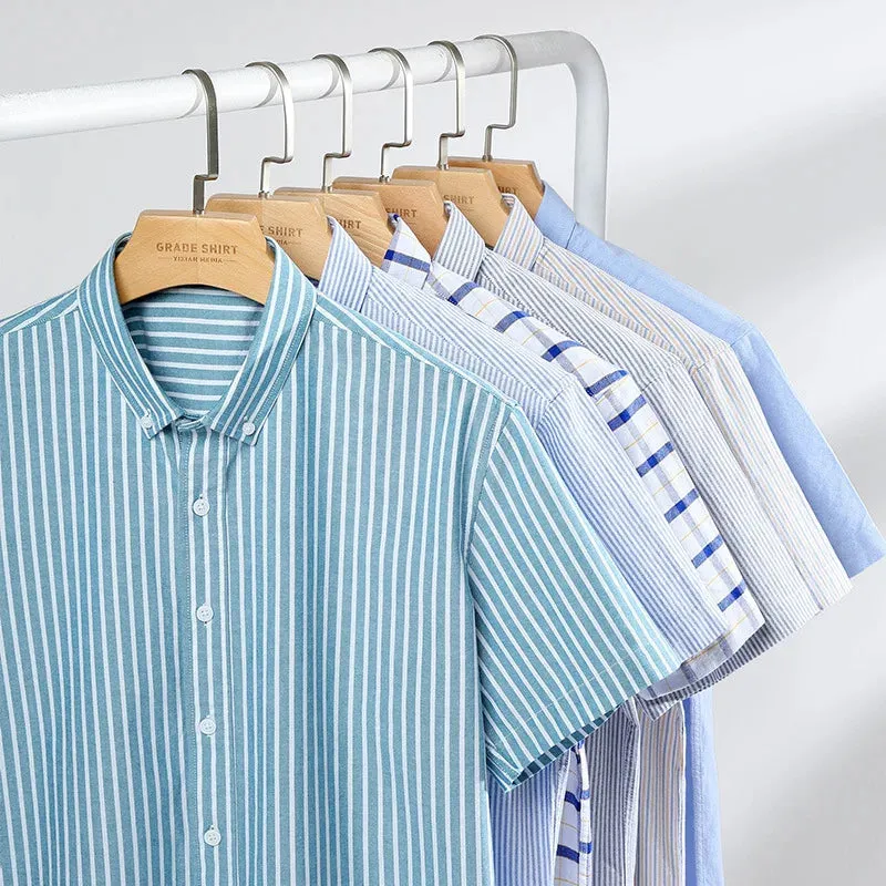 Stripe Plaid Shirt Men Short Sleeve Casual Fitting Oxford