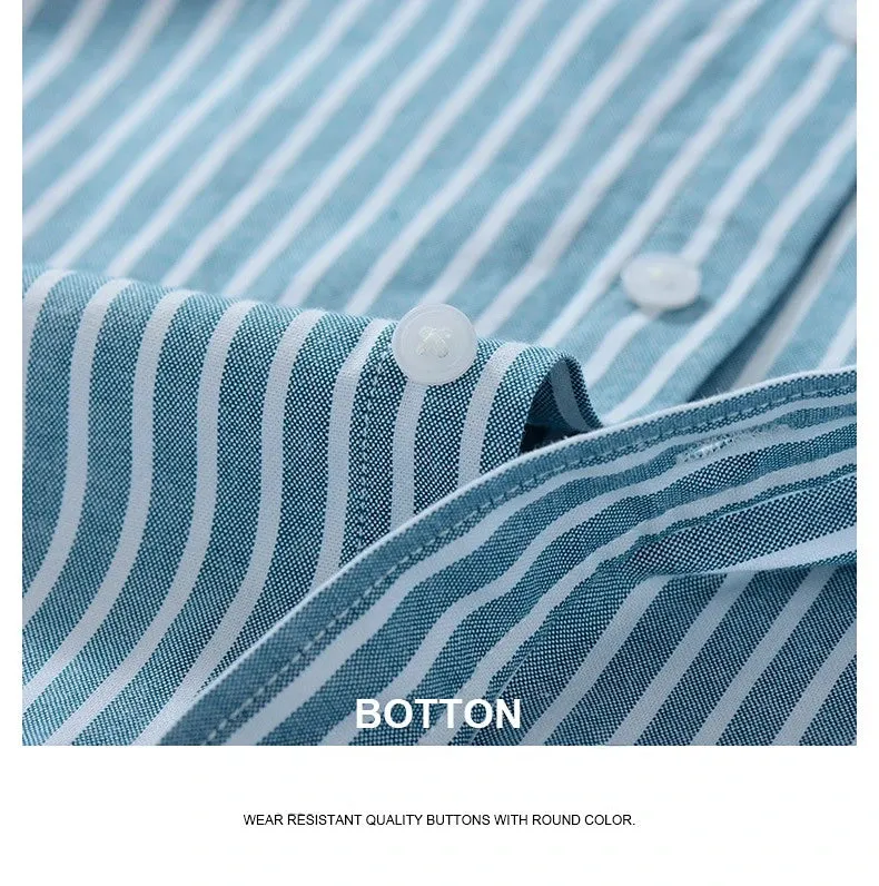 Stripe Plaid Shirt Men Short Sleeve Casual Fitting Oxford
