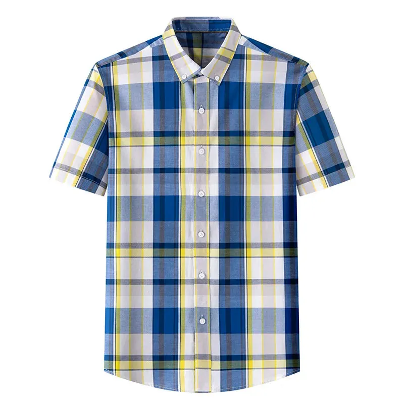 Stripe Plaid Shirt Men Short Sleeve Casual Fitting Oxford