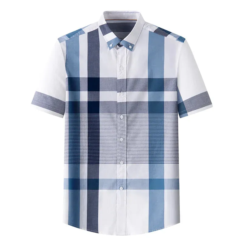 Stripe Plaid Shirt Men Short Sleeve Casual Fitting Oxford
