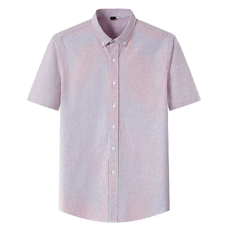 Stripe Plaid Shirt Men Short Sleeve Casual Fitting Oxford