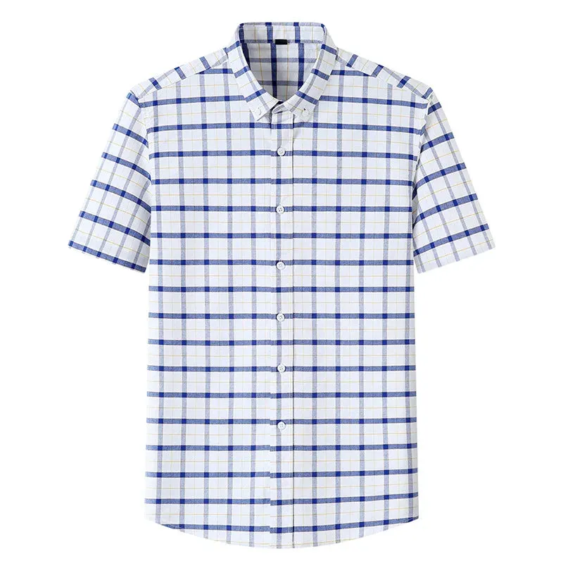 Stripe Plaid Shirt Men Short Sleeve Casual Fitting Oxford