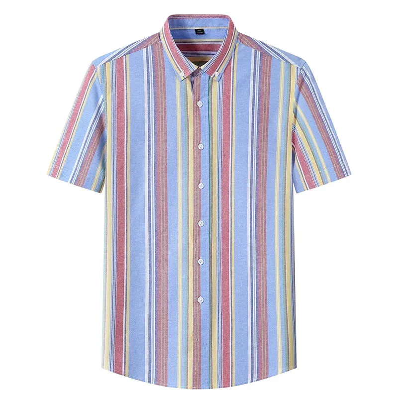 Stripe Plaid Shirt Men Short Sleeve Casual Fitting Oxford