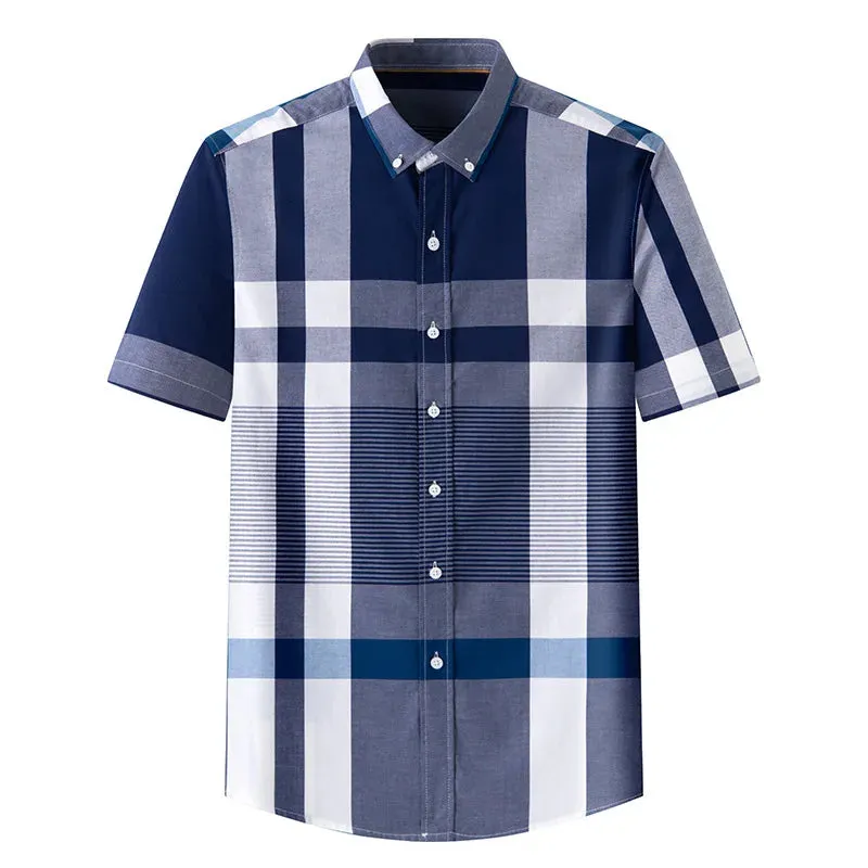 Stripe Plaid Shirt Men Short Sleeve Casual Fitting Oxford