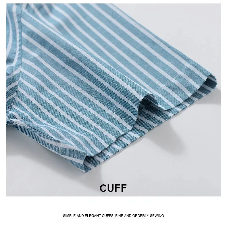 Stripe Plaid Shirt Men Short Sleeve Casual Fitting Oxford