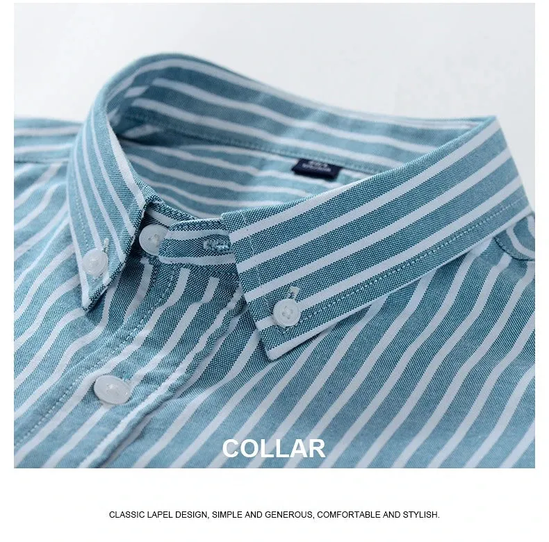 Stripe Plaid Shirt Men Short Sleeve Casual Fitting Oxford