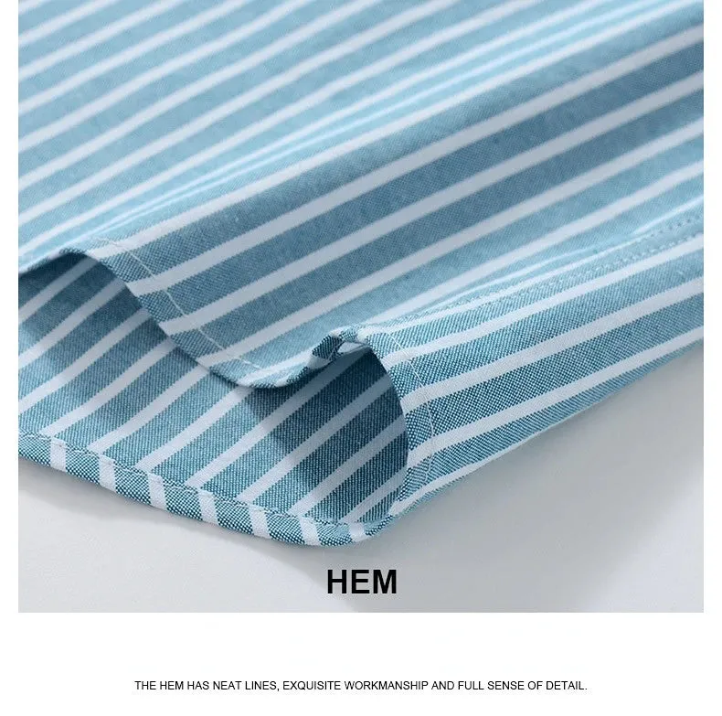 Stripe Plaid Shirt Men Short Sleeve Casual Fitting Oxford
