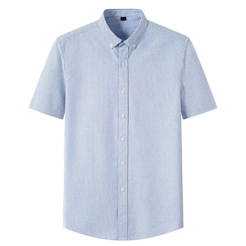 Stripe Plaid Shirt Men Short Sleeve Casual Fitting Oxford