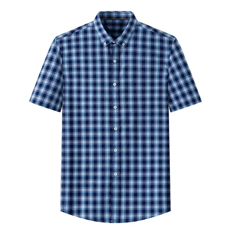 Stripe Plaid Shirt Men Short Sleeve Casual Fitting Oxford