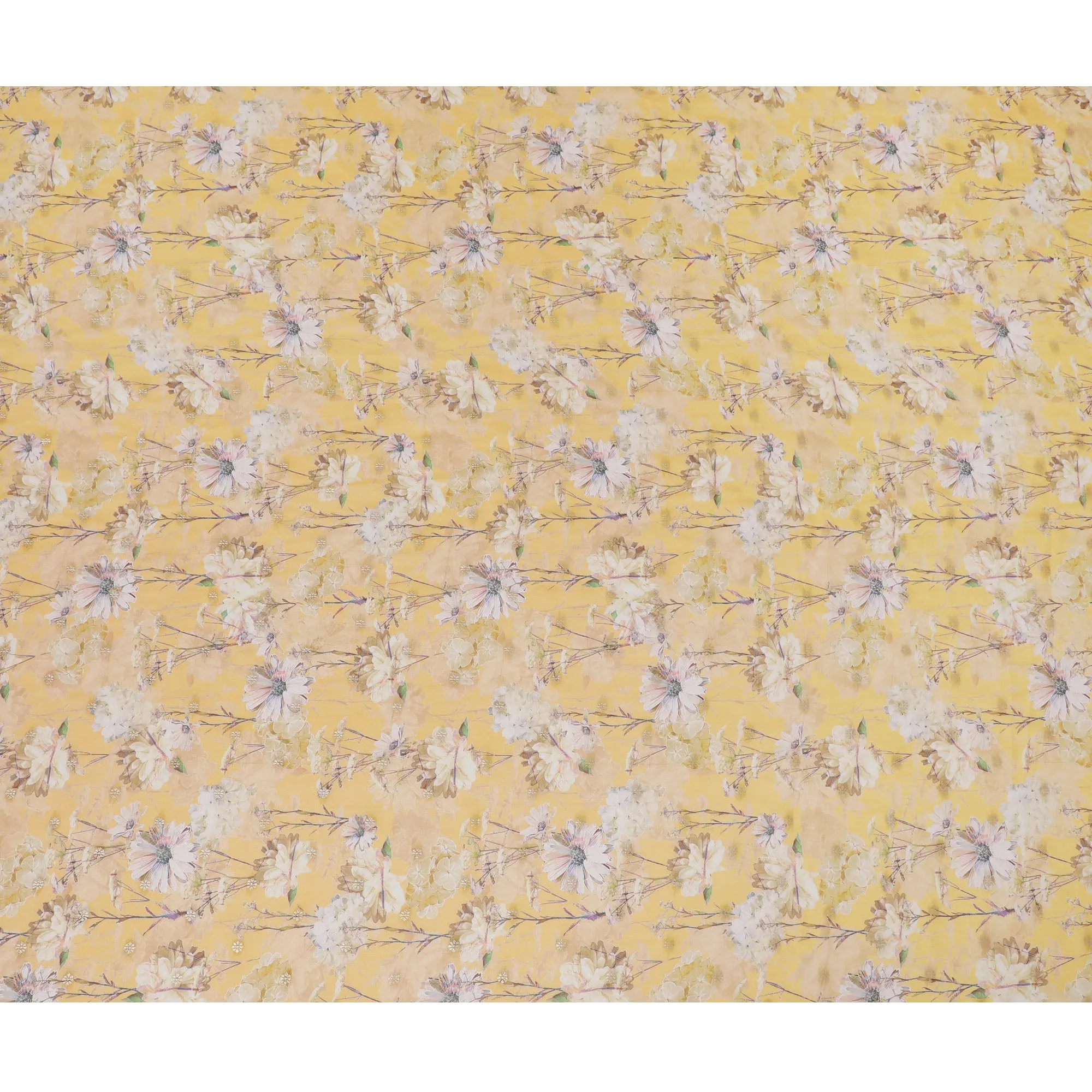 Sunny Yellow Synthetic Organza Fabric with Delicate Floral Design, 110 cm Width-D19701