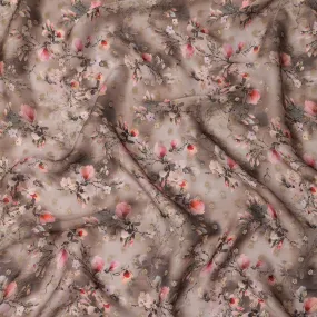 Taupe Floral Synthetic Organza Satin Fabric, 110 cm Wide, Made in India-D20980