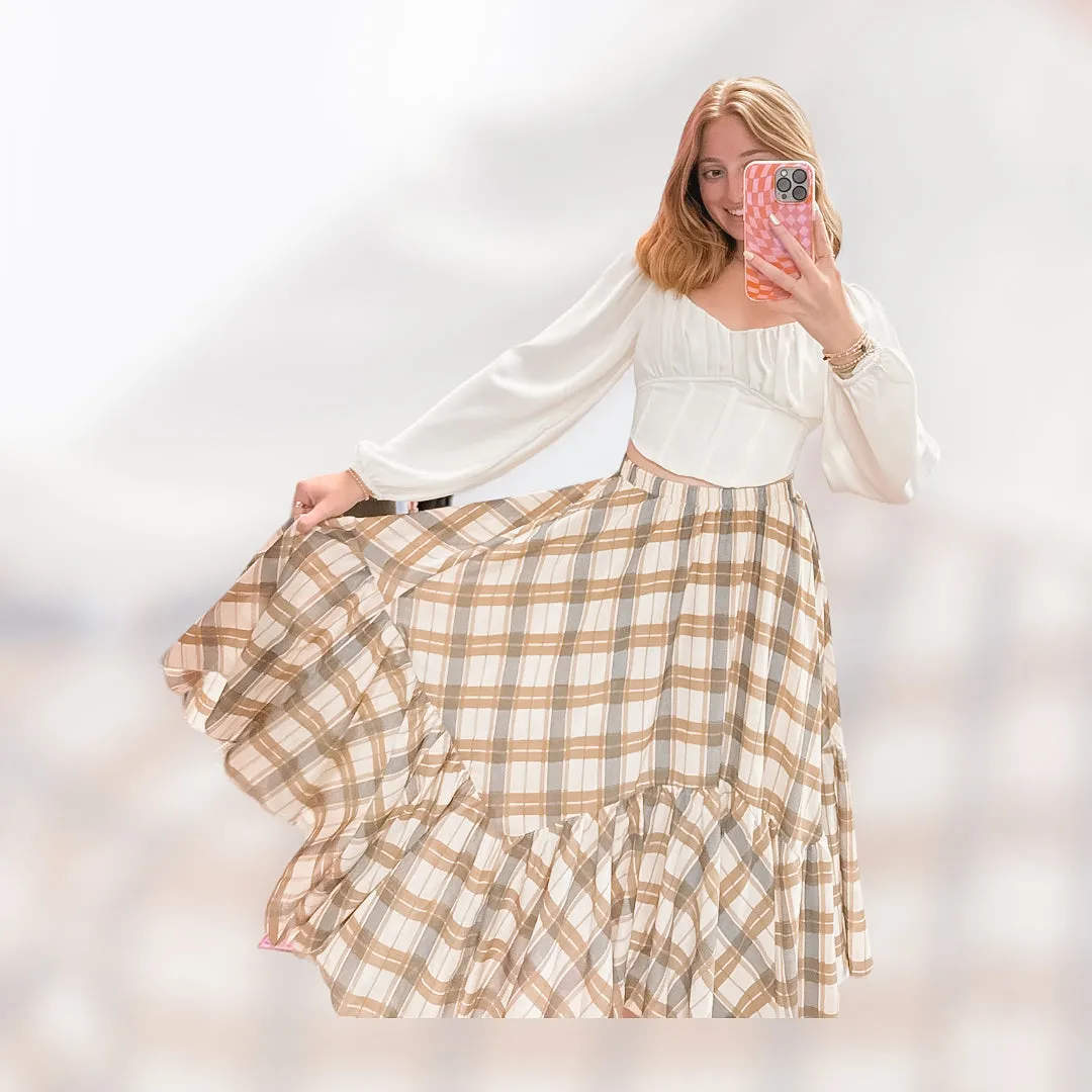 Unmatched Plaid Ruffle Midi Skirt