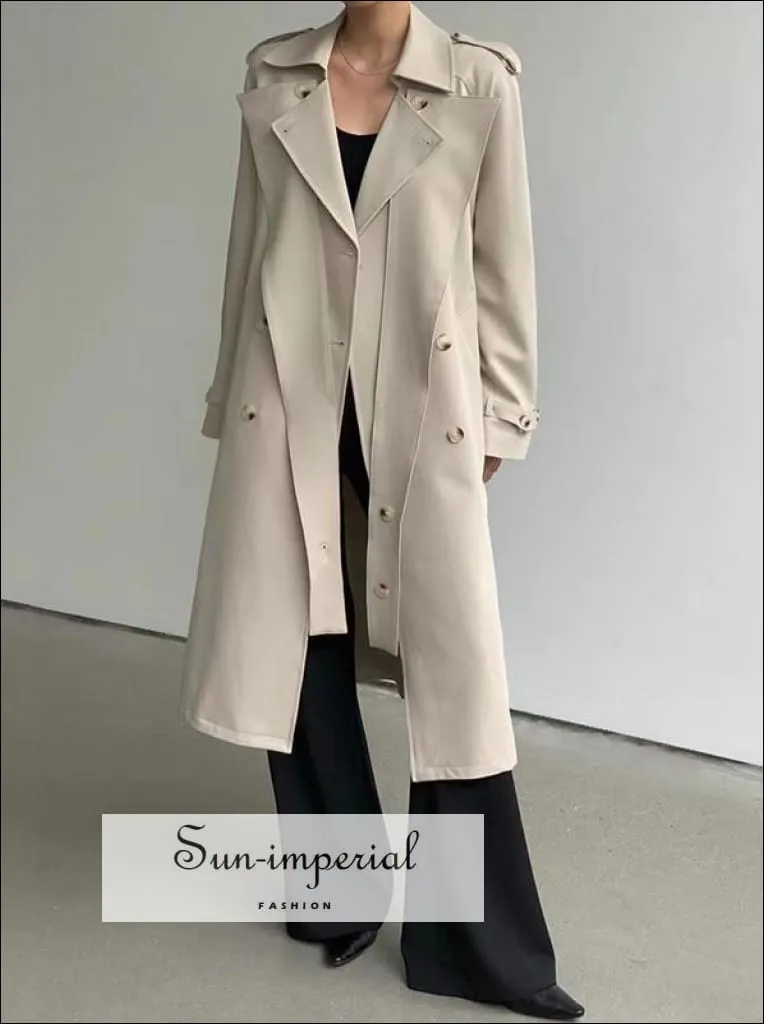 Woman Tan Casual Maxi Trench Turndown Collar Long Sleeve Asymmetrical Autumn Coat