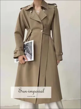 Woman Tan Casual Maxi Trench Turndown Collar Long Sleeve Asymmetrical Autumn Coat