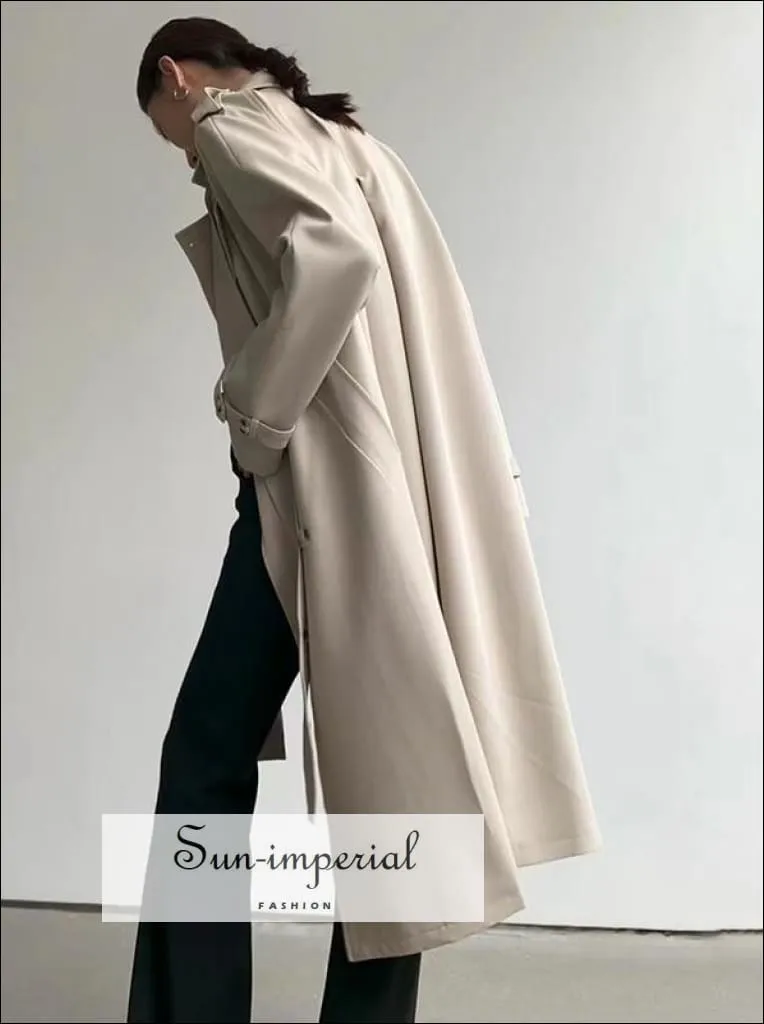 Woman Tan Casual Maxi Trench Turndown Collar Long Sleeve Asymmetrical Autumn Coat