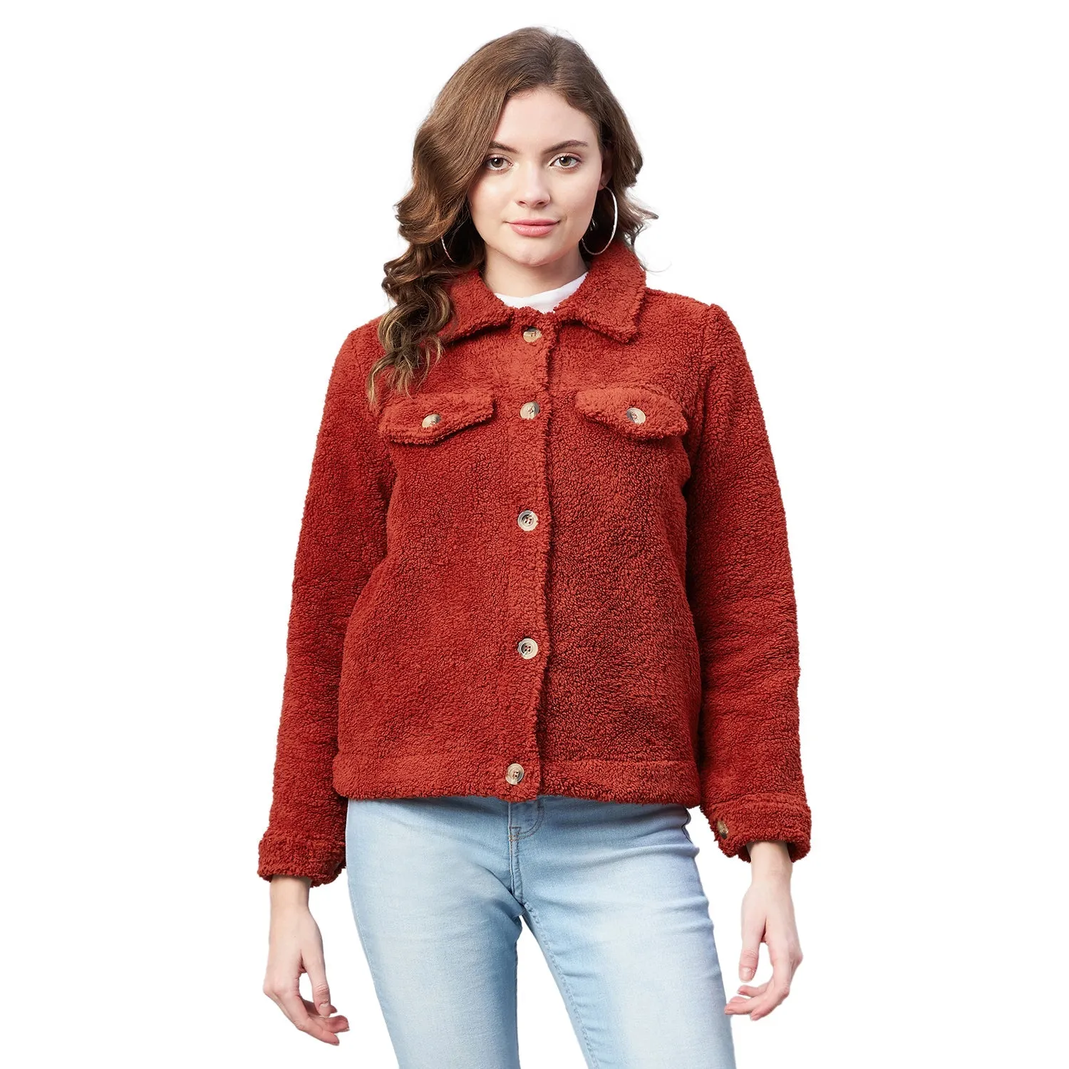 Women's Red Fleece Casual Winter Jacket - StyleStone