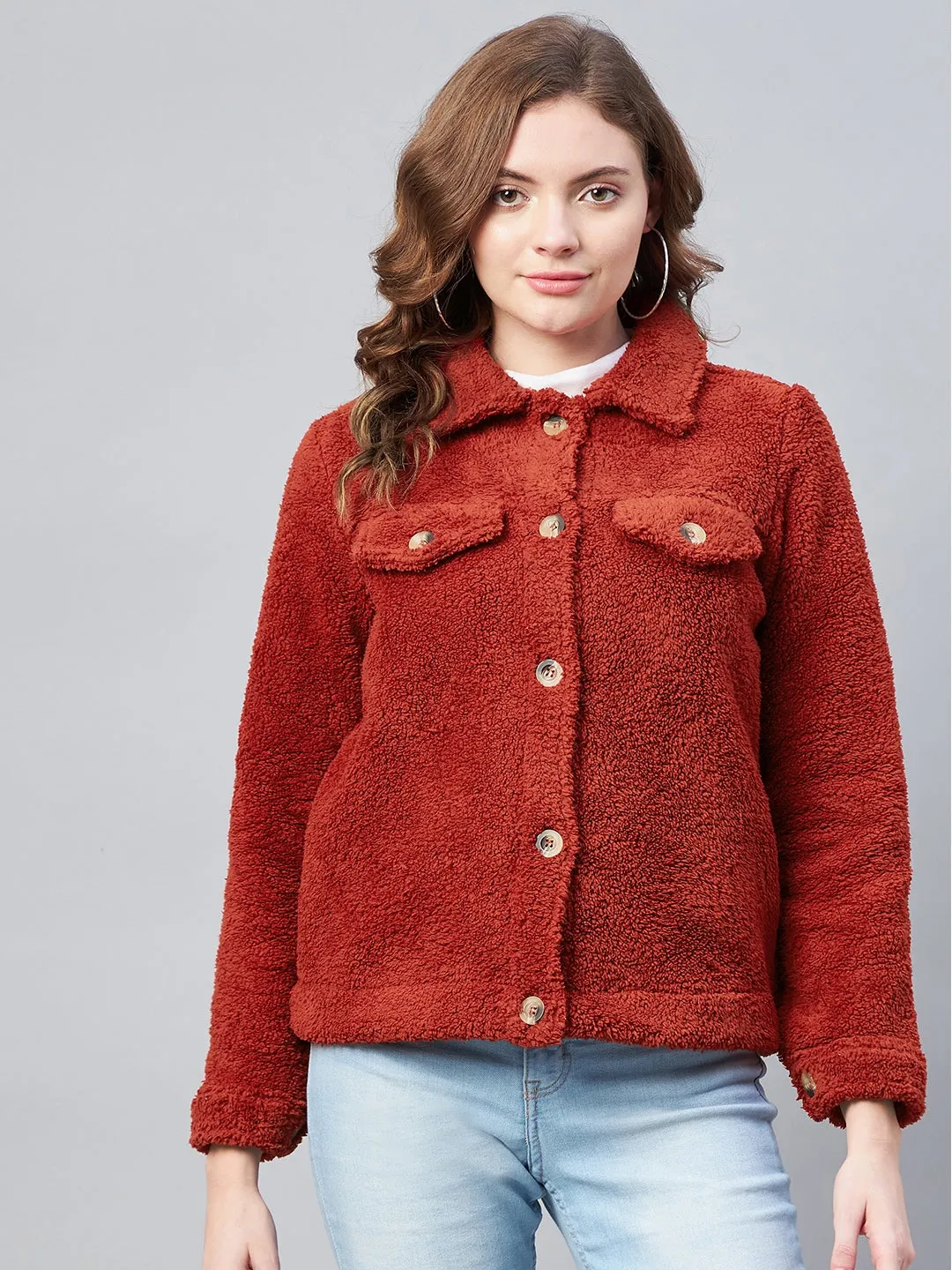 Women's Red Fleece Casual Winter Jacket - StyleStone