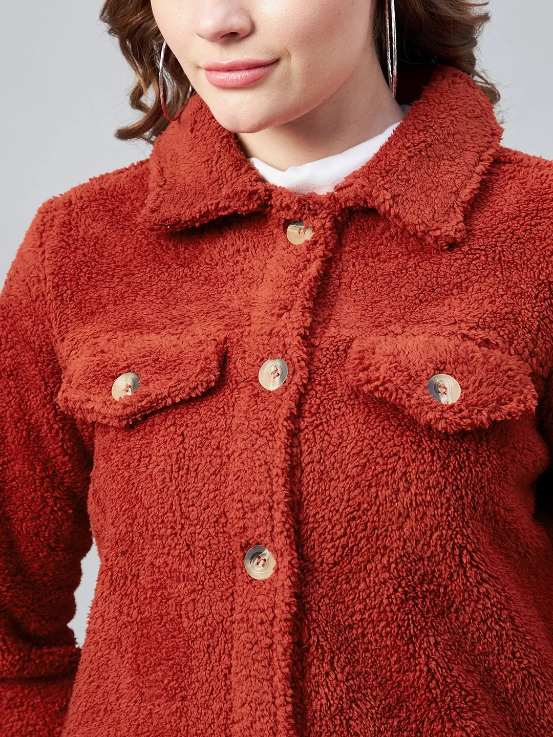 Women's Red Fleece Casual Winter Jacket - StyleStone