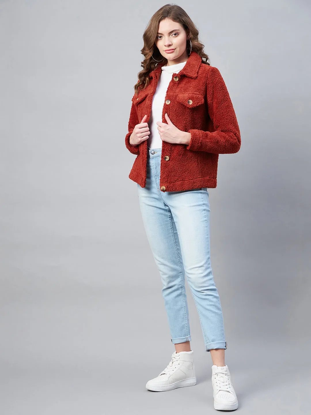 Women's Red Fleece Casual Winter Jacket - StyleStone