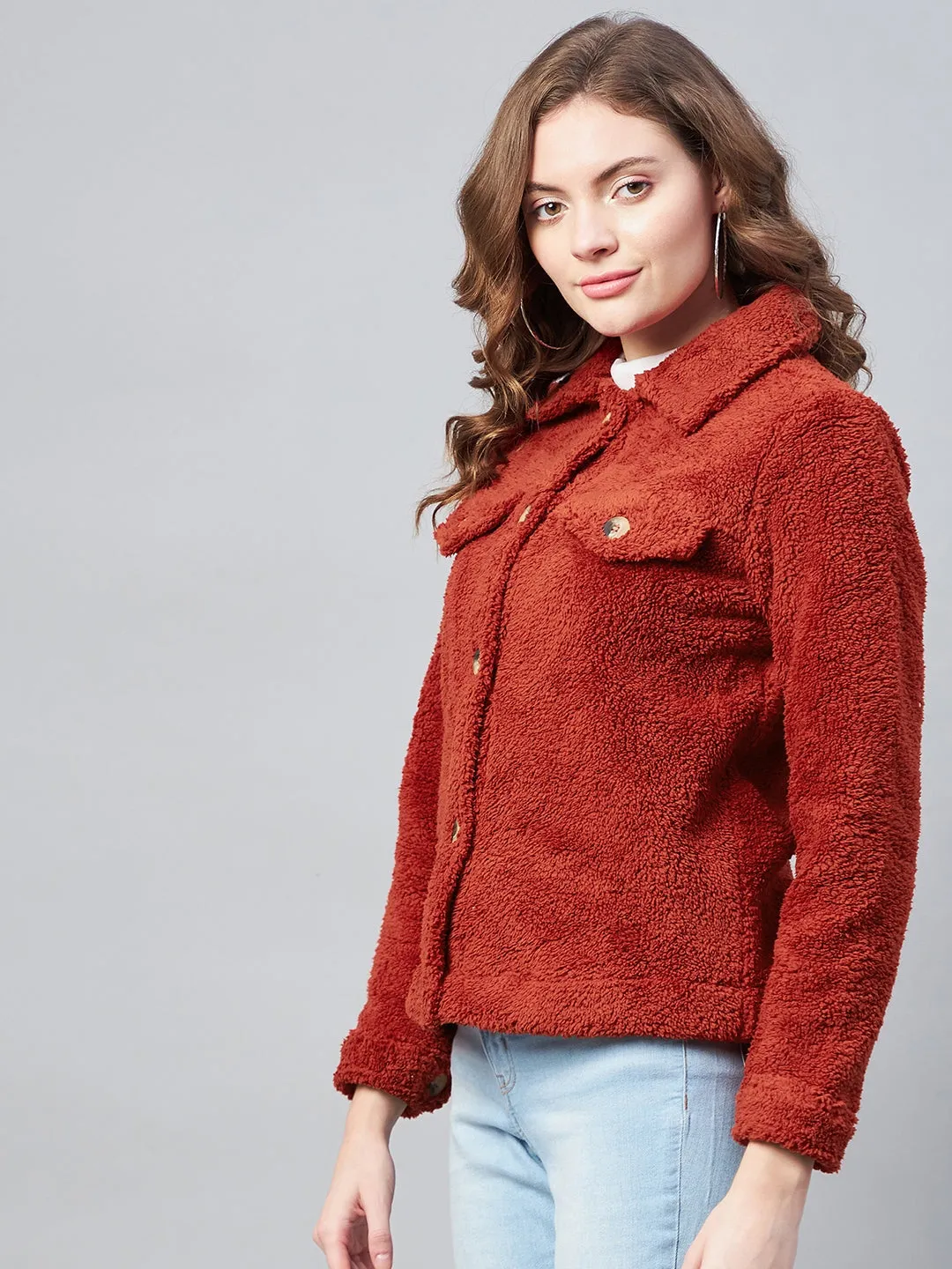 Women's Red Fleece Casual Winter Jacket - StyleStone