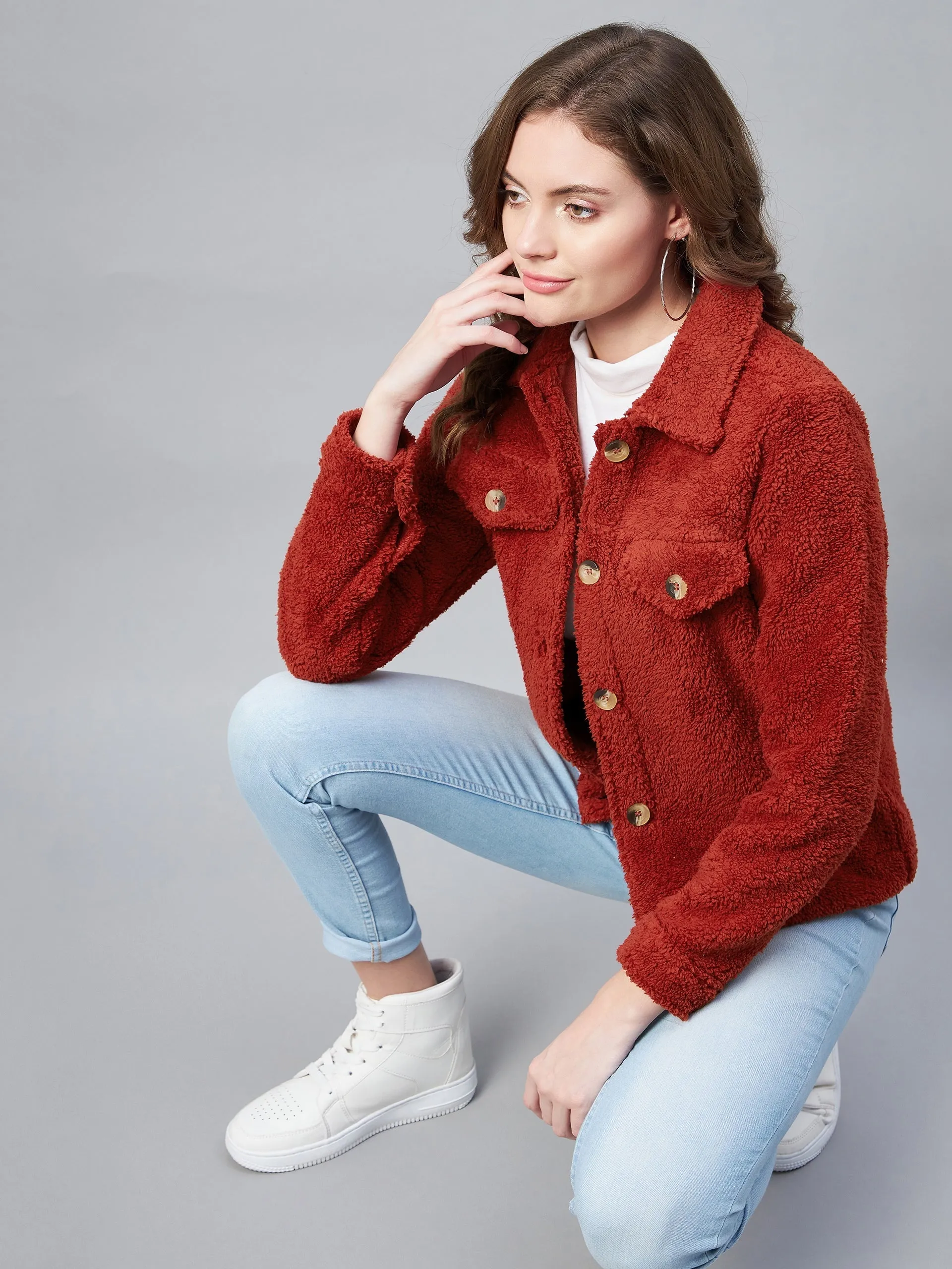 Women's Red Fleece Casual Winter Jacket - StyleStone