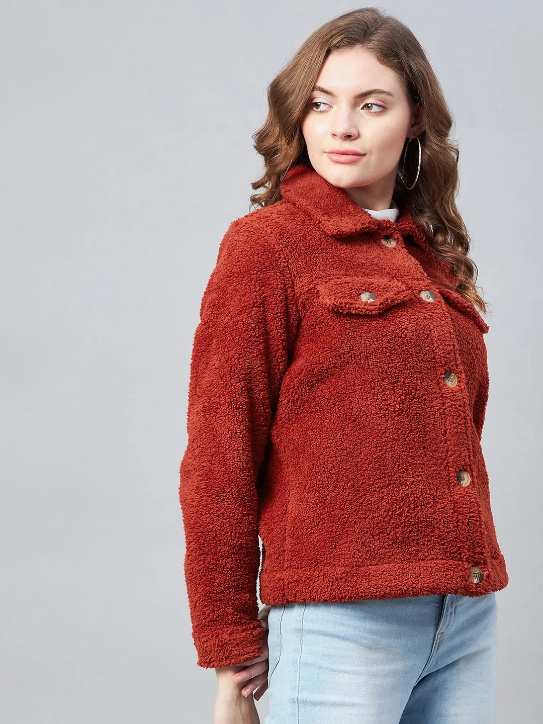 Women's Red Fleece Casual Winter Jacket - StyleStone
