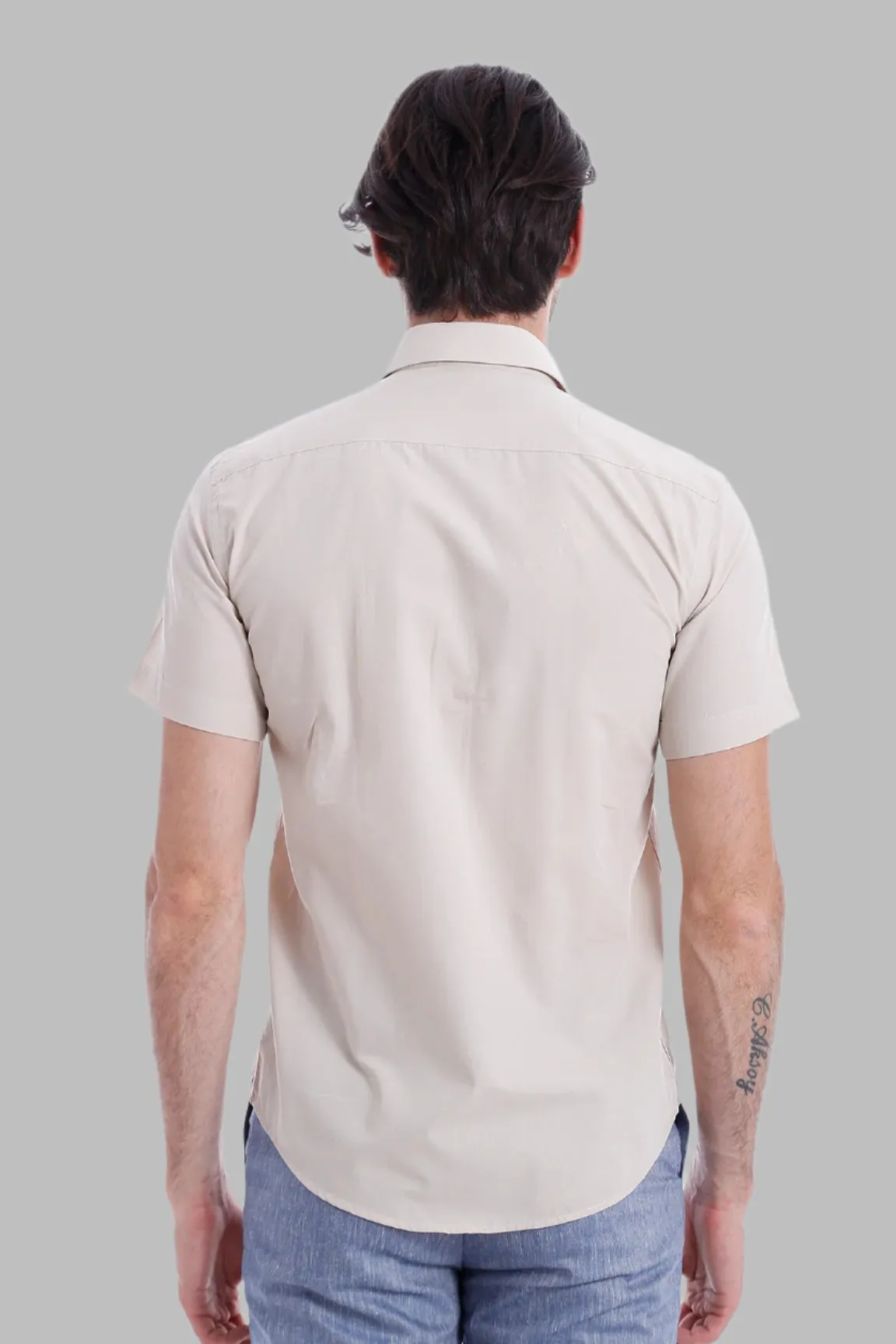 WSS Short Sleeves Poly Cotton Slim Fit Cream Men Shirt  - Singen